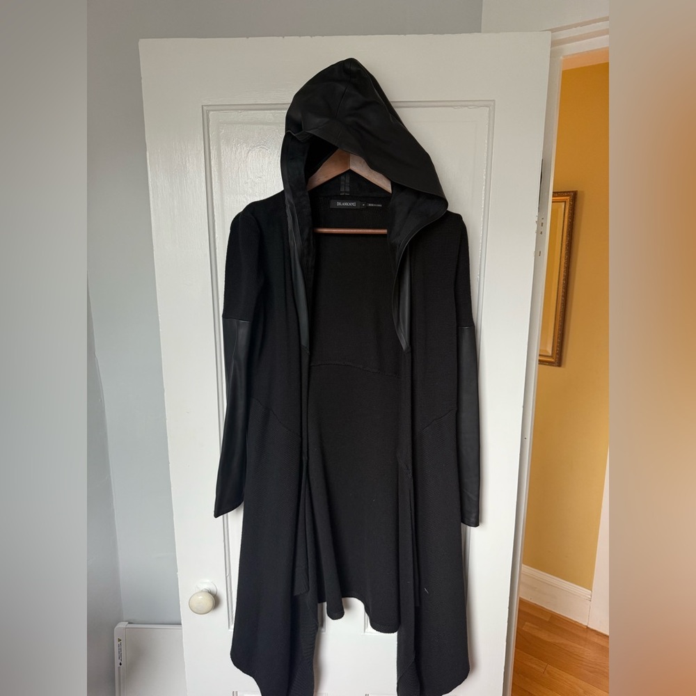 Blank NYC black jacket sweater with faux leather accents -hood and sleeves.